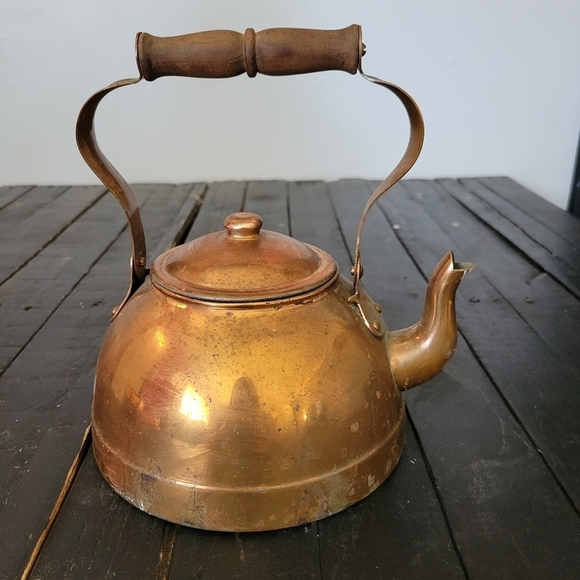 Vintage Copper Tea Pot Wooden Handle Set Water Steamer Measuring Cup - Picture 12 of 16